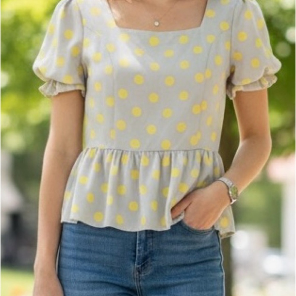 Lily White Gray Blouse with Yellow Polka Dots